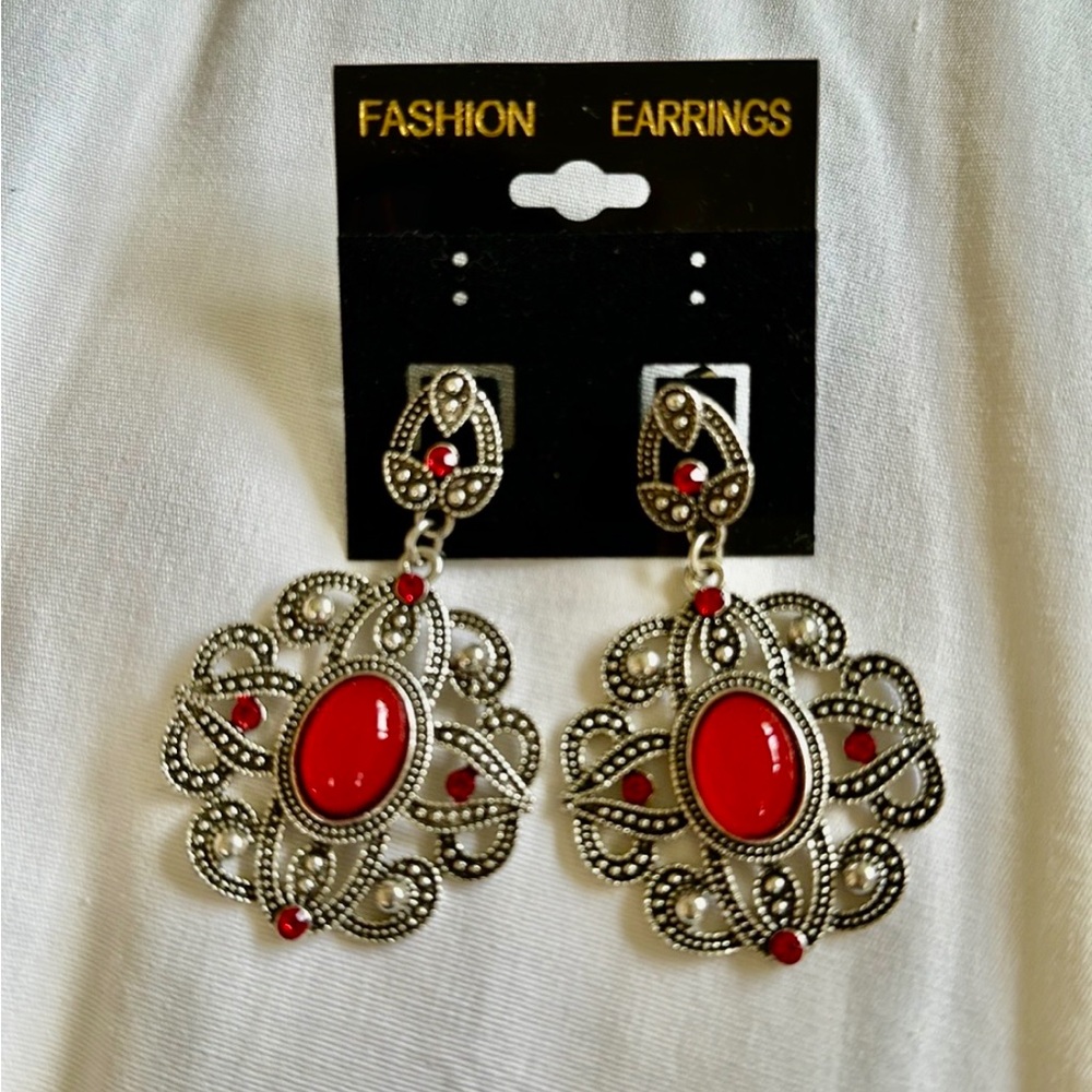 New antique style red and silver dangle earrings